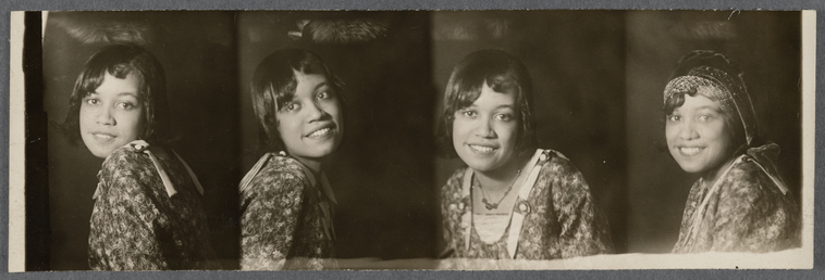 Black and white photo strip of woman smiling